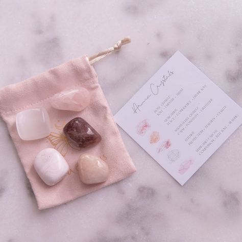 5 crystals on velvet bag. Crystals include rose quartz, strawberry quartz, selenite, mangano calcite and morganite. With white description card. Rekindle Love, Best Instagram Feeds, Mangano Calcite, Yoga Studio Design, Healing Room, Healing Relationships, Crystal Box, Candle Craft, Diy Spa