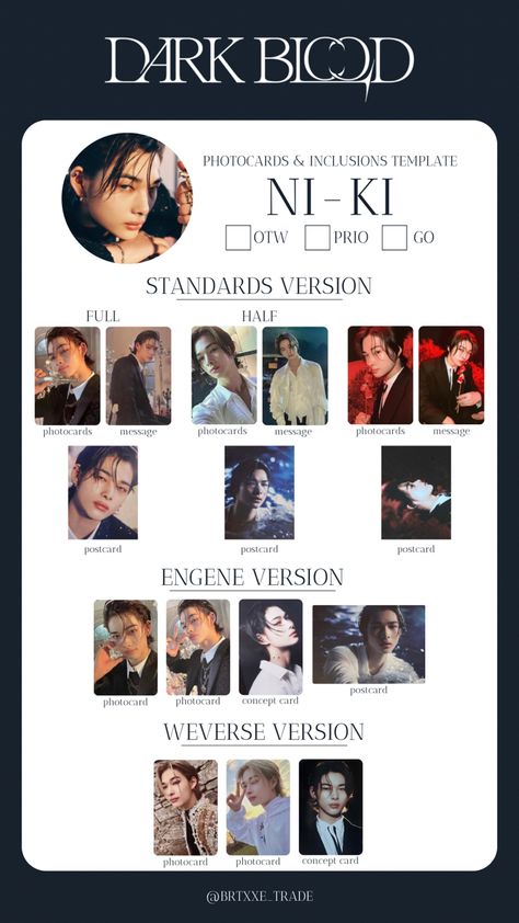 Niki Pc Template, Niki Photocards Template, Enhypen Dark Blood Album Photocard, Enhypen Collection, Dark Blood, Dark Moon, Manga Love, Thank You Stickers, 3 In One