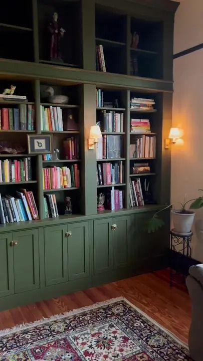 Green Built Ins, Green Bookshelf, Green Bookshelves, Library Ladder, Library Wall, Built In Cabinets, Home Library, Book Collection, Built Ins