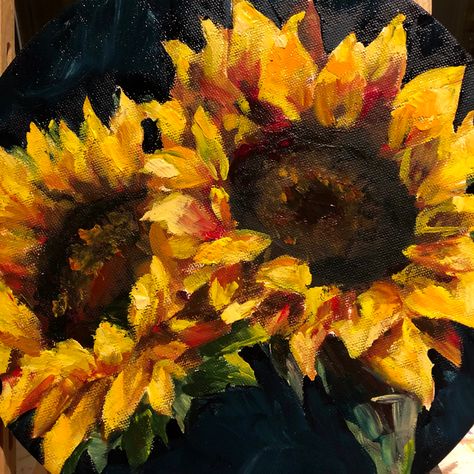 Acrylic painting on circular canvas. Sunny sunflowers on a dark background Sunflower On Black Canvas, Sunflower Art Aesthetic, Sunflowers Acrylic Painting, Acrylic Sunflower Painting, Sunflower Painting Acrylic, Sunflower Acrylic Painting, Circular Canvas, Sunflower Drawing, Circle Canvas