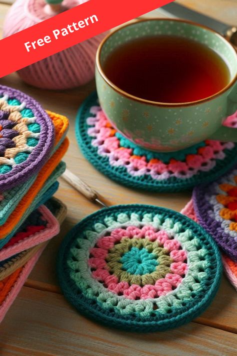 Crochet coasters: Learn how to make colorful round and square coasters with this easy crochet pattern. Perfect for adding charm to your table! Crochet Round Coasters, Granny Square Round, Basic Crochet Coaster, Round Granny Square, Crochet Cupholder Coaster, Coffee Cup Coasters Crochet, Rainbow Crochet Coaster, Crochet Flower Cup Coaster, Coat Crochet