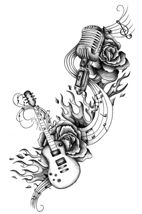 guitar, rose, mic, music, tattoo Tattoo Ideas Music Unique, Drawings Of Guitars, Music Tribute Tattoo, Mic Tattoo Design, Metal Music Tattoo Ideas, Rock Music Tattoo Ideas, Rose And Microphone Tattoo, Music Leg Sleeve Tattoo, Music Half Sleeve Tattoo