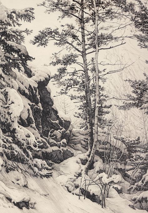 Landscape Pencil Drawings, Tree Sketches, Landscape Sketch, 흑백 그림, Beauty Art Drawings, Nature Drawing, Art Et Illustration, Landscape Drawings, Tree Drawing