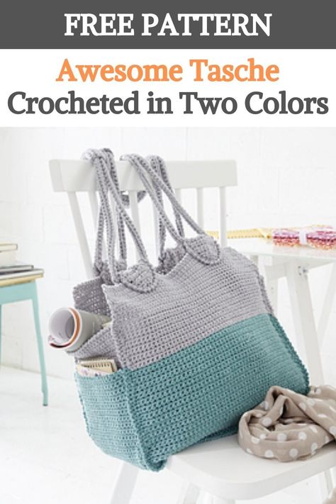 Crocheted in two colors of Schachenmayr Journey, this chic and roomy bag will hold all your belongings with ease. Outside pockets provide easy access to essentials.It would look equally good at the beach or in the city. Shopping Bag Pattern, Crochet Travel, Crochet Flats, Knitting Bag Pattern, Tote Bag With Pockets, Bag With Pockets, Free Crochet Bag, Crochet Braid Styles, Bag Pattern Free