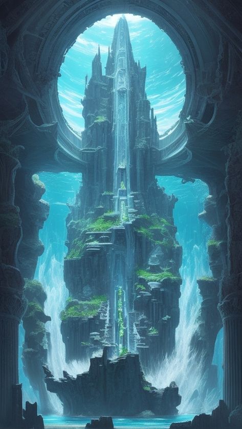 The fabled city of Atlantis rises from the depths of the ocean, its ancient splendor and mystique captured in vivid detail. Kingdom Of Atlantis, City Under The Sea, Ancient Atlantis, City Of Atlantis, Lost City Of Atlantis, Greek Mythology Tattoos, Underwater City, Ends Of The Earth, Fantasy Art Landscapes