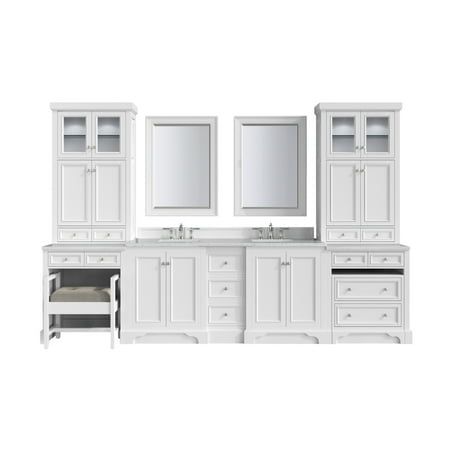 Includes quartz vanity top and rectangular sinks Maximize your bathroom with this bright white 132-inch De Soto double sink modular setup. Showcasing ample storage and a carved base detail, this collection brings the perfect mix of elegant design and modern functionality. Included is our 72-inch De Soto double vanity with three drawers, cabinet storage, and a USB/Electrical outlet, two countertop units with two drawers that serve beautifully as a makeup vanity, a tufted upholstered bench in Dayb Long Double Sink Bathroom Vanity, Double Vanity With Side Towers, Double Sink Bathroom Vanity With Storage, Double Vanity With Storage, Bathroom Vanity Ideas Double Sink, Master Vanity Ideas Double Sinks, Double Sink Vanity With Makeup Area, Double Vanity With Makeup Area, Dual Sink Bathroom Ideas