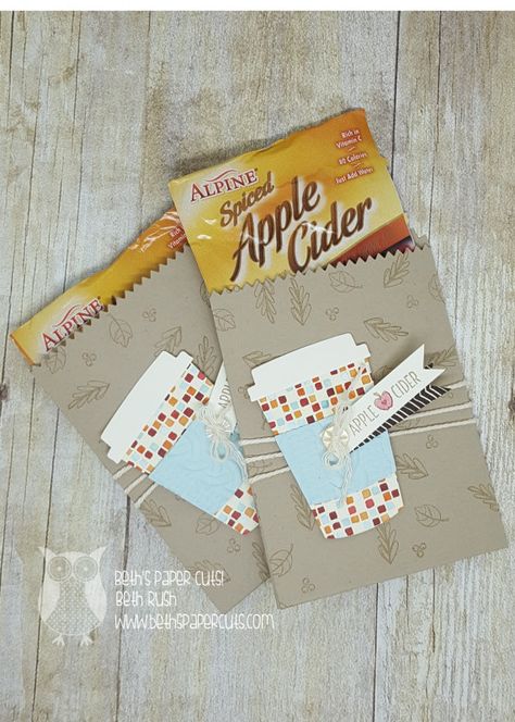 apple cider packets by lizzier - Cards and Paper Crafts at Splitcoaststampers Apple Cider Gift, Fall Party Favors, Tea Cup Card, 3d Paper Projects, December Crafts, Paper Food, Bazaar Crafts, Fun Cards, Treat Holders