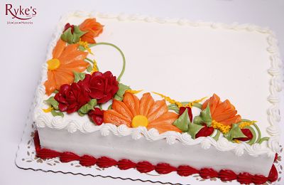 Budget-Friendly Cake Designs - Ryke's Bakery, Catering, & Café Ryke's Bakery, Catering, & Café Autumn Sheet Cake Decorating, Anniversary Sheet Cake Designs, Fall Sheet Cake Decorating Ideas, Fall Sheet Cake Ideas, Fall Anniversary Cake, Decorate Sheet Cake, Fall Birthday Sheet Cake Ideas, Thanksgiving Sheet Cakes, Fall Sheet Cake Design