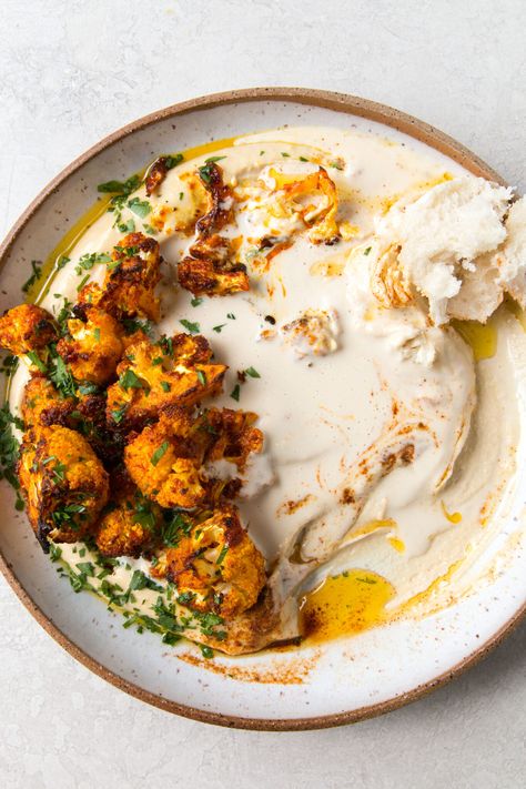 Hummus With Tahini, Cauliflower Steaks Recipes, Cauliflower Hummus, Roasted Cauliflower Steaks, Spiced Cauliflower, Cauliflower Steaks, Tahini Sauce, Cauliflower Recipes, Roasted Cauliflower