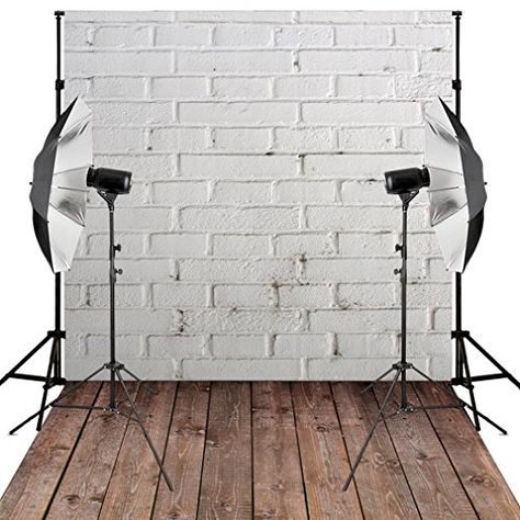 Kooer 5X7ft Photography Backdrops White Brick Wall Wood F... Brick Photography, Grey Wooden Floor, Photo Garland, White Brick Wall, 1st Birthday Party For Girls, Fabric Backdrops, Fabric Photography, Diy Balloon Decorations, Wall Wood