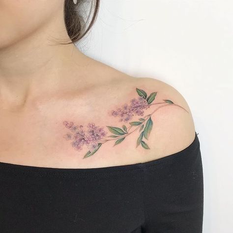 Wisteria Tattoo Collarbone, Lilac Collar Bone Tattoo, Lilac Chest Tattoo, Chickadee And Lilac Tattoo, Lilac Shoulder Tattoo, Lilac And Lavender Tattoo, Lilac Vine Tattoo, Lavender Tattoo Collar Bone, Collar Tattoos