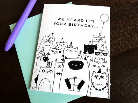 Cat Birthday Card Ideas, Happy Birthday From All Of Us, Birthday Cat Drawing, Black And White Birthday Cards, Birthday Card Ideas With Cats, Cat Bday Cards, Birthday Card Black And White, Birthday Card With Cats, Black Birthday Card