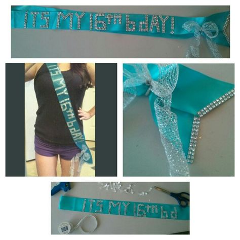 DIY birthday sash for $5! Use wide satin ribbon, at least 2" wide, cut desired length, applied bling adhesive for lettering, used ribbon to tie the ends together. No glue or sewing needed. #diybirthdaysash #sweet16 #diyforcheap Happy birthday to my lil sister!! Diy Birthday Sash, Diy Birthday For Mom, Sweet 16 Sash, 21st Birthday Sash, Pageant Outfits, Birthday Sash, Cheer Stuff, Lil Sister, Birthday Centerpieces