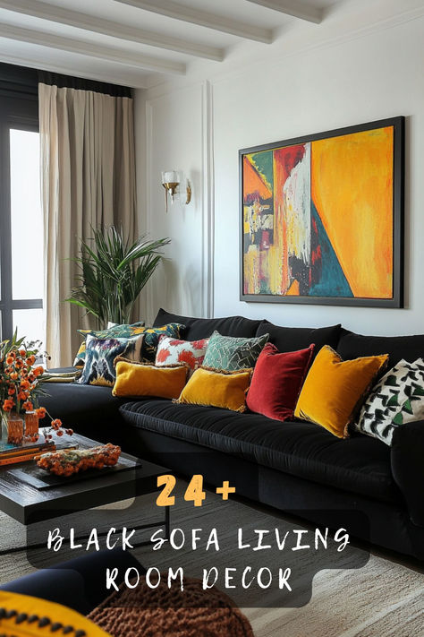 Transform your living space with these 25 amazing black sofa living room decor ideas! 🛋️ Discover how you can elevate your home’s aesthetic with chic designs, trendy accessories, and color combinations that pop. 🎨 You won’t want to miss these inspiring layouts that suit every style. Click to explore more fantastic ideas and tips! ✨ #BlackSofa #LivingRoomDecor #HomeDesign #InteriorInspo #DecorIdeas #ChicLiving #StylishHome Styling Black Sofa, Black Couch Bright Living Room, Black Couch Living Room Decor Ideas, Black Couch Decor, Black Couch Living Room Decor, Black Sofa Living, Black Sofa Living Room Decor, Black Couch Living Room, Colourful Lounge