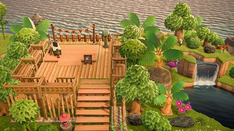 Acnh Tropicalcore, Acnh Tropical Campsite, Acnh Island Designs Tropical, Animal Crossing Open Space Ideas, Tropical Core Acnh, Acnh Tropical City, Acnh Jungle Core, Tropicore Acnh, Acnh Tropicore