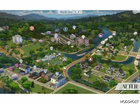 Willow Creek Realistic Map Replacement Sims 4 Mod - ModsHost Sims 4 Willow Creek Map Replacement, Sims 4 Replacement Mods, Willow Creek Sims 4 Map, Willow Creek Sims 4 Map Ideas, Sims 4 Map Replacements, Sims 4 Willow Creek Makeover, Sims 4 Replacement, Sims 4 Willow Creek, Mod For Sims 4