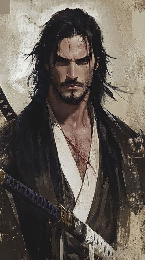 Older Man Art, Japanese Art Samurai, Dnd Ideas, Miyamoto Musashi, Older Man, Fantasy Worlds, Man Art, Fantasy Male, Mythology Art