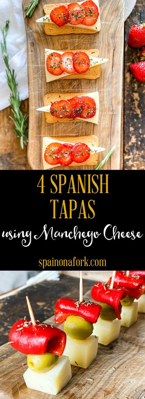 For those of you that have been to Spain, you know Spanish food is so much more than paella, gazpacho and sangria. Not that those things aren´t good, but we have so many other great things. Such as Manchego cheese, Spain´s famous sheep´s milk cheese. In these recipes, I will show you how to make 4 Dazzling SPANISH TAPAS using Manchego Cheese. Spanish Finger Food, Spain Appetizer, Spanish Sandwiches, Authentic Spanish Tapas Recipes, Pintxos Recipes, Tapas Recipes Party, Tapas Table, Tapas Appetizers, Spanish Snacks