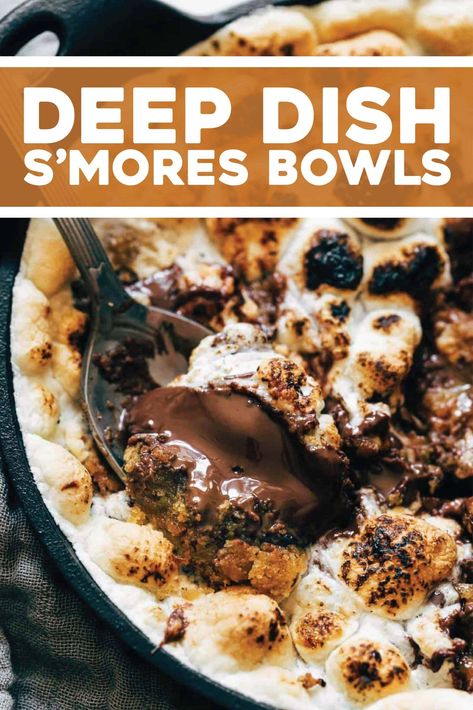 Deep Dish S'Mores Bowls for Two! A graham-cracker loaded cookie base, top it with little squares of chocolate bars, piled high with marshmallows. An ooey-gooey, golden brown, melty, cookie-loaded miracle. #smores #dessert #chocolate Graham Cookies, Cookie Bowls, Smores Dessert, Cookie Base, Homemade Snickers, Dessert Chocolate, Easy No Bake Desserts, Ooey Gooey, S'mores