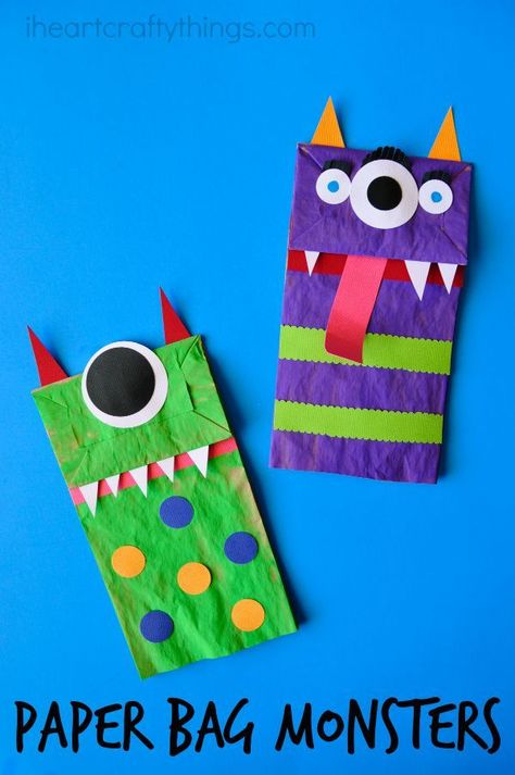 I HEART CRAFTY THINGS: Paper Bag Monster Puppets Paper Bag Monsters, Monster Faces, Monster Puppet, Paper Bag Crafts, October Crafts, Fun Halloween Crafts, Puppet Crafts, Easy Halloween Crafts, Daycare Crafts