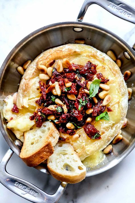 Baked Brie with Sun Dried Tomato and Pine Nuts | foodiecrush.com Foodiecrush Recipes, Easy Baked Brie Recipe, Easy Baked Brie, Baked Brie Recipe, Baked Brie Appetizer, Baked Brie Recipes, Entertaining Appetizers, Brie Appetizer, Cheesy Appetizer