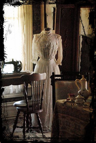 Sewing room w/ mannequin Dark Sewing Room, Rustic Sewing Room, Sewing Room Vintage, Vintage Sewing Room Decor, Victorian Seamstress Aesthetic, Victorian Sewing Room, Dressmaker Aesthetic, Antique Sewing Room, Seamstress Room