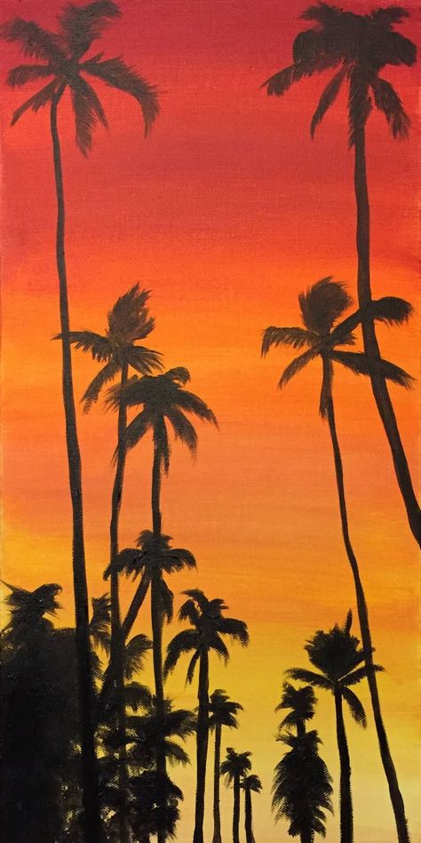 25 Abstract Acrylic Canvas Art Ideas to Spark Your Creativity: Only $60 Each Sunset Painting Red Orange Yellow, Hawaii Acrylic Painting, Silloettes Art, Sunset Palm Tree Painting, Yellow Sunset Painting, Palm Tree Painting Acrylic, Red Sunset Painting, Orange Sunset Painting, Acrylic Painting Orange