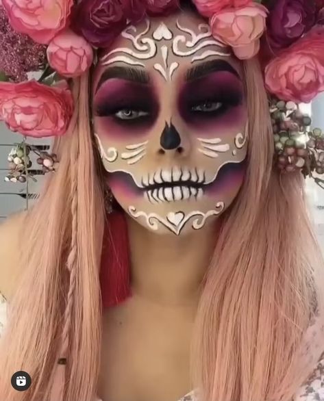 Pink Dia De Los Muertos Makeup Ideas, Purple Day Of The Dead Makeup, Pink Day Of The Dead Makeup, Skull Makeup With Gems, Pink Sugar Skull Makeup, Pink Catrina Makeup, Sugar Skull Costume Outfit Diy, Purple Skull Makeup, Sugarskulls Makeup