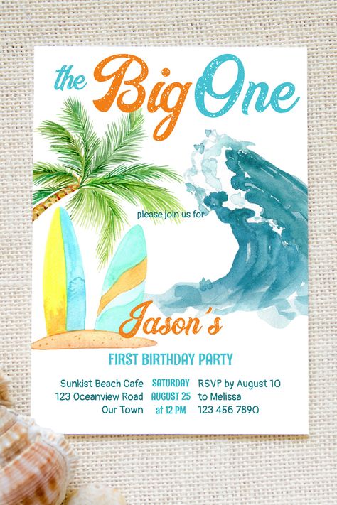 Surfing retro beach party big one 1st birthday invitation template instant download Retro Beach Party, Surfing Party, Surf Birthday, Beach Party Invitations, Ocean Theme Birthday, 1st Birthday Invitation Template, Surf Wave, Wave Surf, Surf Party