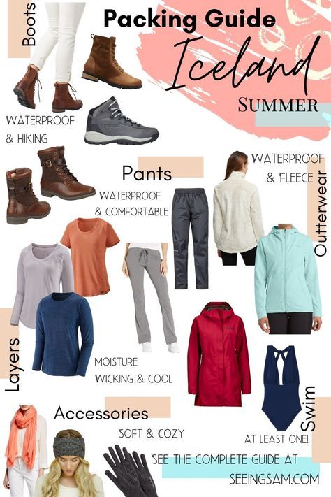 A complete packing guide for what to wear in Iceland during summer weather with images and Amazon shopping links #packingguide #packinglist #icelandsummer #whattopack #travelinsummer #IcelandTravel Iceland Summer Outfit Ideas, Iceland Packing List Summer, Iceland Summer Outfit, Iceland Summer Packing List, Packing For Iceland, Iceland Cruise, Iceland Outfit, Iceland In June, Iceland In May