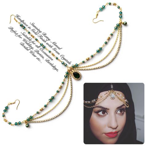 A personal favorite from my Etsy shop https://www.etsy.com/listing/603231616/green-and-gold-headpiece-indian-matha Nose Jewels, قلادات متدلية, Bridal Hijab, Pink Head, Silver Head Piece, Indian Nose Ring, Gold Headpiece, Hair Jewels, Headpiece Jewelry