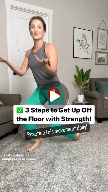 Megan Dahlman on Instagram: "🙋‍♀️ Raise your hand if you want to be able to climb down on the floor and get up again without any trouble! Here’s what you can do now to practice getting up off the floor with ease.   I recently took a poll of 50+ year old women, and suprisingly this was one of THE MOST IMPORTANT functions that they said they desire - To be able to be the “Fun Grandma” that can hop down onto the floor and play without fear of getting stuck down there (or making you sore for days!😉)  Here’s the proper process for getting up off the floor with ease:   ✅ STEP ONE: Move your body into hands-and-knees position, so you’re on all floors  ✅ STEP TWO: (Elevate your hands if necessary for this step) Swing one leg around into a lunging stance, like you’re proposing  ✅ STEP THREE: Sit How To Get Up Off The Floor, Somatic Exercise, Sit Up Straight, Exercise Moves, Easy Exercise, Sciatica Exercises, Easy Exercises, Exercise Ideas, Chair Exercises