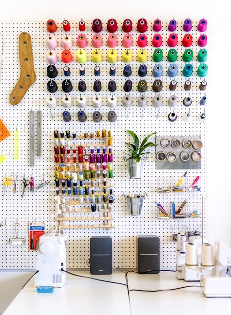 Achieving Max-Org: How We Stay Organized in Our Sewing Studio - Closet Core Patterns Sewing Studio Organization, Pegboard Craft Room, Fashion Design Inspiration, Design Studio Workspace, Pegboard Organization, Fashion Designer Studio, Sewing Room Design, Art Studio Room, Sewing Room Organization