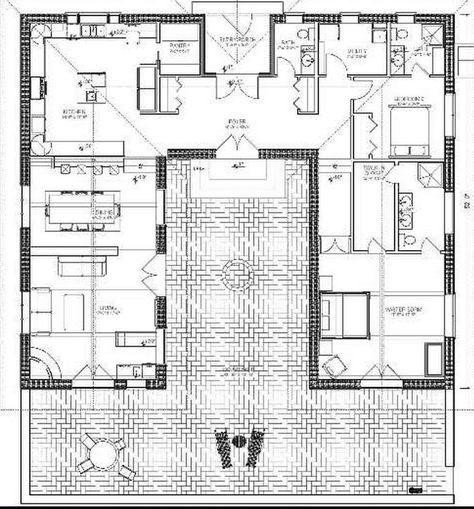 “Bale Hacienda” Straw Bale Plans: I like the layout of this house, even if it was constructed from traditional materials.  http://strawbale.com/store/bale-hacienda/ Hacienda Style Homes House Plans, Hacienda House Plans, Modern Hacienda Style Homes, U Shaped House Plans, Mexican Restaurant Design, U Shaped Houses, Hacienda Style Homes, Straw Bale House, Courtyard House Plans