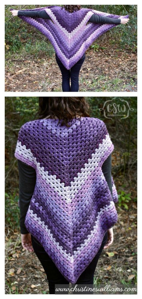 Crochet Striped Granny Stitch Caron Cakes Triangle Shawl #freecrochetpattern #shawlfreepattern #vestfreepattern شال كروشيه, Black Crochet Dress, Crochet Shawl Pattern Free, Crochet Vest Pattern, Crochet Poncho Patterns, Triangle Shawls, Poncho Pattern, Haken Baby, Crochet Jacket