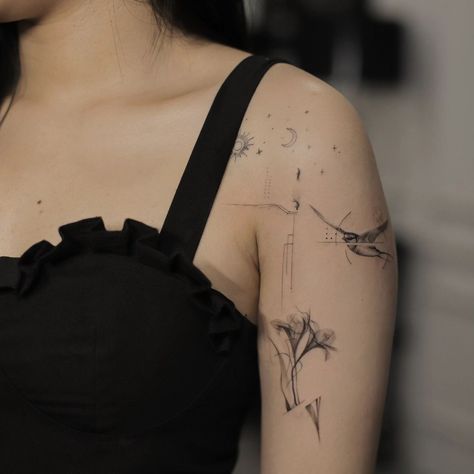 𝐆𝐫𝐚𝐩𝐡𝐢𝐜 𝐓𝐚𝐭𝐭𝐨𝐨. This captivating tattoo features celestial elements and abstract floral designs, evoking an ethereal beauty. - 𝗩𝗜𝗖𝗘𝗡𝗧𝗘𝗥 𝗧𝗔𝗧𝗧𝗢𝗢 𝗦𝗧𝗨𝗗𝗜𝗢 12C/3 Nguyen Thi Minh Khai, P. Da Kao, Q.1, TP.HCM, Vietnam #banhdonuttattoo #saigonvicenteam #graphictattoo #floraltattoo Abstract Floral Tattoo, Graphic Tattoo, Celestial Elements, Tattoo Concepts, Single Needle Tattoo, Ethereal Beauty, Floral Designs, Abstract Floral, Tattoo Studio