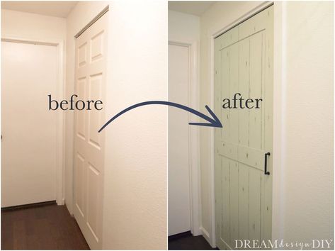 How to Make a DIY Bifold Barn Door Transform a Closet Door for $15 Sheet Organization, Farmhouse Closet, 6 Panel Door, Farmhouse Reno, Bifold Doors Makeover, Barn Door Projects, Laundry Doors, Front Closet, Double Sliding Barn Doors