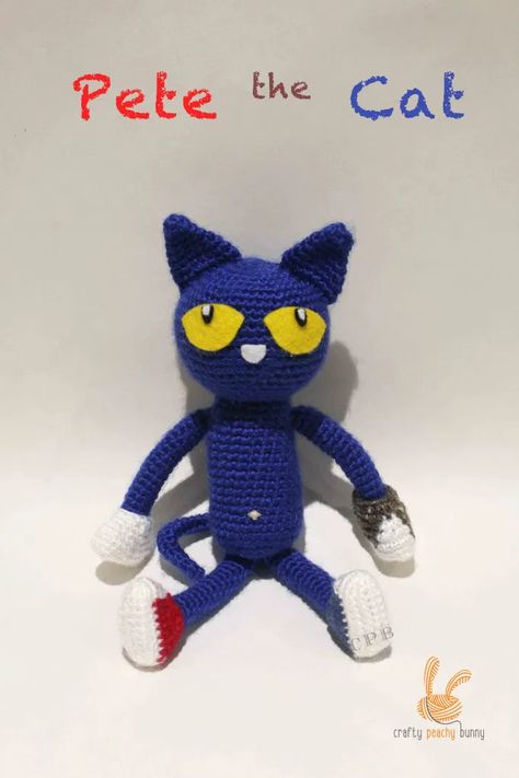 Crochet Pete The Cat, Pete The Cat Crochet Free Pattern, Crochet Story Book Characters, Crochet Book Characters, Pet The Cat, Crochet Characters, Book Crochet, Books Characters, Children's Book Characters