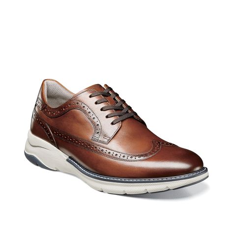 Florsheim-Frenzi Oxford A smooth leather upper, mesh lining and fully cushioned insole elevate the comfort level of the Florsheim Frenzi oxford. This lace-up oxford with wingtip design and perforated brogue adds a dapper finishing touch to your professional look. Durable EVA sole with rubber traction pods and Flexsole Technology lend extra stability. Wingtip Oxford Shoes, Men's Dress Shoes, Brown Oxfords, Wingtip Oxford, Eva Sole, Mens Oxfords, Safety Shoes, Shoes Casual, Boot Sandals