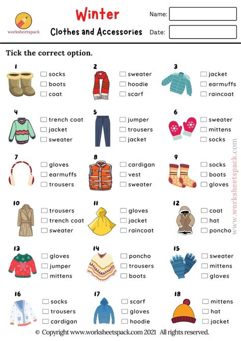 Winter Clothes Worksheets For Kids, Winter Clothes Activities, Clothes Worksheets For Kids, Winter Worksheets For Kids, Winter Clothes For Kids, Winter Worksheet, Clothes Worksheet, Quiz For Kids, Winter Worksheets