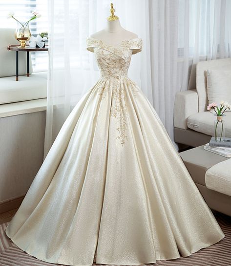 Champagne satin lace long ball gown formal gown · Little Cute · Online Store Powered by Storenvy Silk Champagne Wedding Dress, Champagne And Gold Wedding Dress, Wedding Dresses Champagne Color, Cream Ball Gown, Champagne Ballgown, Gold Ballgown, Champagne Ball Gown, Quinceanera Gowns, Long Ball Gown