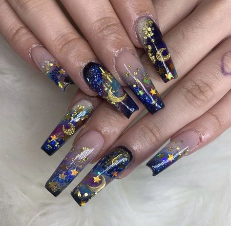 August Almond Nails Designs, Solar System Nails, Ravenclaw Party, Ombré Coffin Nails, Ombré Coffin, Bohemian Nails, Ombre Acrylic Nails, Dope Nail Designs, Crazy Nails