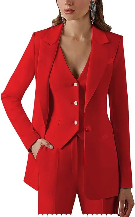 Women Suits Office Work 3 Pieces Set Lady Blazer Formal Business Suit Wedding Tuxedos Party (Blazer+Vest+Pants), Red, 18 : Amazon.ca: Clothing, Shoes & Accessories Womens Suit Vest, Suit Stores, Elegant Blazers, Ladies Blazer, Lapel Jacket, Work Suits, Party Suits, Red Suit, Jacket Vest