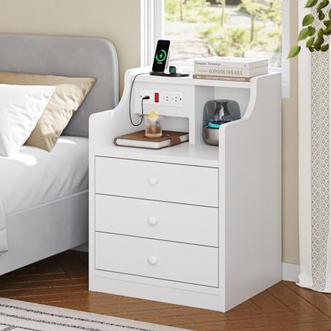 Bedroom End Tables, Side Tables For Bedroom, Nightstand With Charging Station, Drawers Bedroom, Bedroom Bedside Table, Sofa End Tables, White Nightstand, Side Table With Storage, Bedroom Night Stands