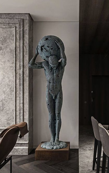 European Style Interior, Dark Interior Design, Sculpture Art Projects, Large Sculpture, Stone Wall Cladding, Human Sculpture, African Interior, Sculpture Decor, Art Meditation