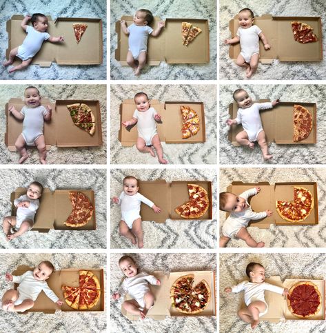 Baby Months Photos Ideas, Months Photos Baby Ideas, Pregnancy Photos Month By Month, Every Month Baby Pictures Photo Ideas, Newborn Monthly Photos, Monthly Baby Photos Boy, Nine Months In Nine Months Out Photo, Baby Pizza, Diy Newborn Photography