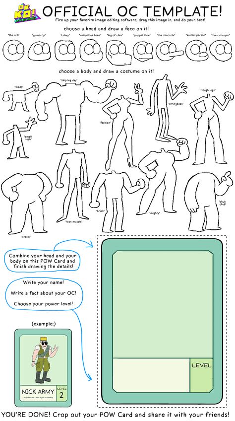 OFFICIAL POW CARD TEMPLATE FOR YOUR OK KO! OC!  One of the best parts of OK KO are all of the weird and wild heroes that show up at the plaza. What would it be like if YOU made a character that showed up?  Choose a head and body, draw in hairstyles and... Cartoon Character Template, Character Hero Design, How To Draw Body Cartoon, How To Make A Cartoon Character, Oc Cartoon Character, Cartoon Styles Drawing, Pin To Wall Reference, Cartoon Design Characters, Cartooning Drawings