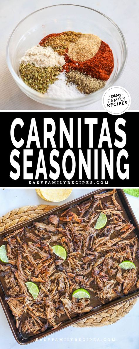 This Homemade Carnitas Seasoning blend is the PERFECT combination of flavors. The key ingredient is small but makes all the difference! This DIY seasoning mix makes perfect pork carnitas for tacos, burritos, quesadillas, bowls and more! Mexican Pork Carnitas Slow Cooker, Carnita Meat Seasoning, Pork Roast Carnitas Crockpot, Oven Roasted Carnitas, How To Cook Carnitas, Pork Taco Seasoning Recipe, Carnitas Meat Recipes, Carnita Seasoning Recipe, Pampered Chef Carnitas Seasoning Recipes