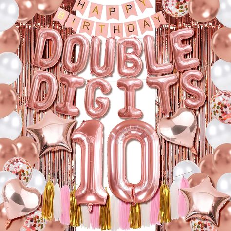 PRICES MAY VARY. Celebrate a milestone with our vibrant 'Double Digits 10' balloons – perfect for adding a splash of color and excitement to any 10th birthday party! Make their 10th birthday extra special with our eye-catching 10 birthday decorations for girls, featuring bold double digits birthday girl decorations lettering that stands out in any party setting. Create unforgettable memories with our 'Double Digits 10' balloons, ideal for decorating party spaces or surprising the birthday boy or Tenth Birthday Party Ideas Daughters, 10 Birthday Photo Shoot Ideas, 10 Birthday Decorations, Double Digits Birthday, Peace Out Single Digits, 10th Birthday Girl, Birthday 10, 10 Birthday, Happy 10th Birthday