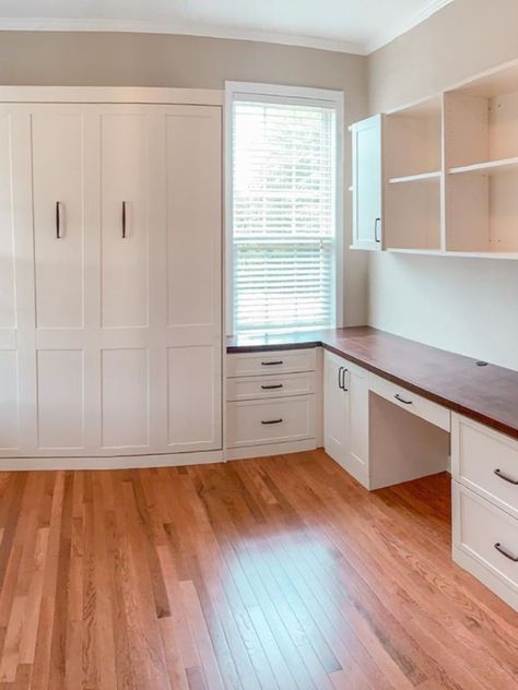 Murphy Bed With Side Desk, Murphy Bed Next To Window, Built In Desk And Murphy Bed, Office Murphy Bed Desk, Home Office And Storage Room, Murphy Bed Ideas With Desk, Office With A Murphy Bed, Wall Bed Office Combo, Home Office Murphy Bed Ideas